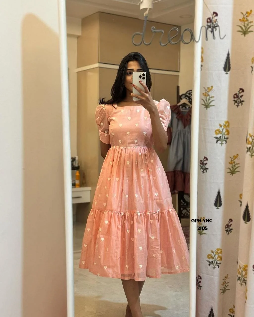 Peach Heart Print Puff Sleeve Tiered Midi Dress